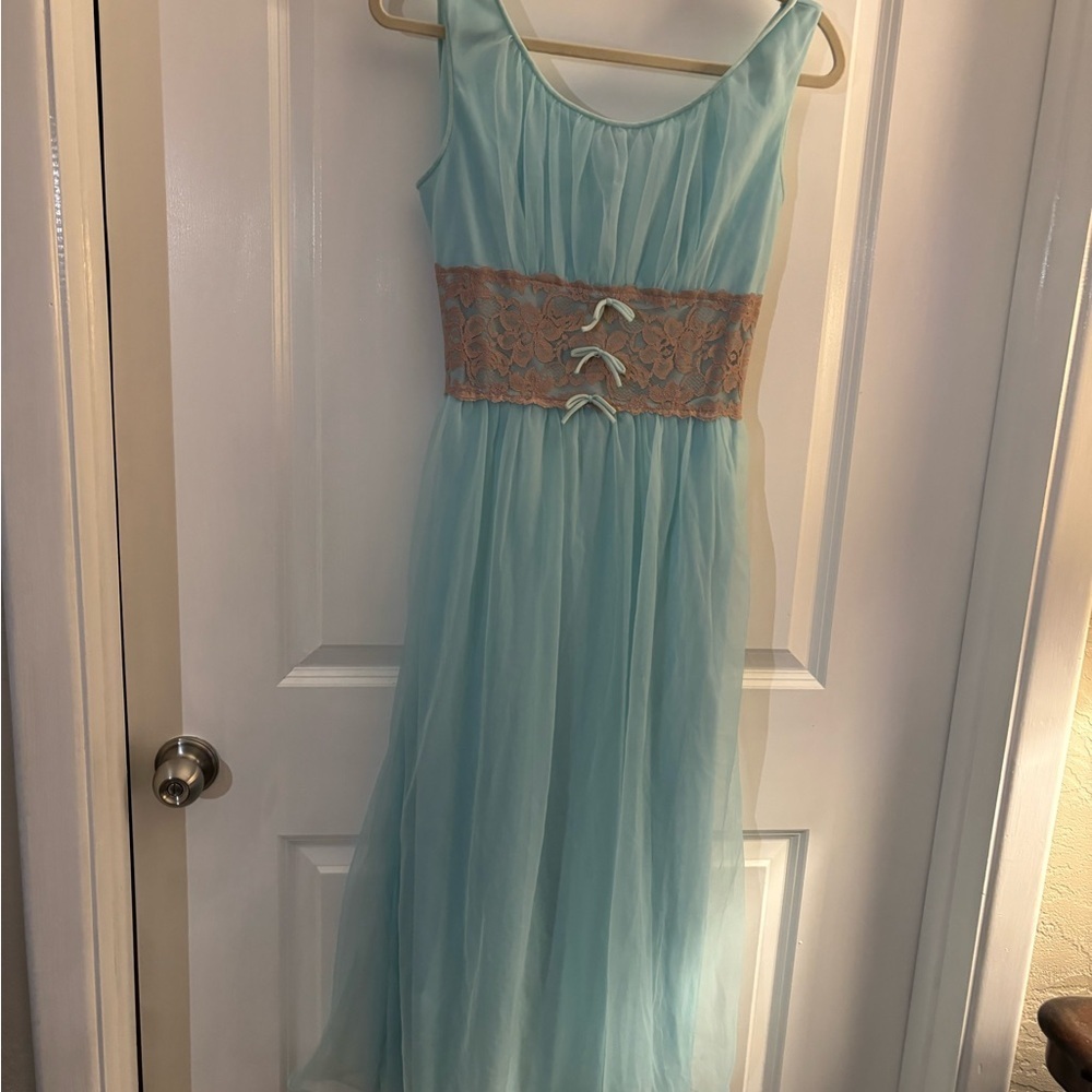 Women's Vintage Avian Light Blue Sleeveless Chiffon Nightgown Lace Sz M/L - Picture 12 of 14